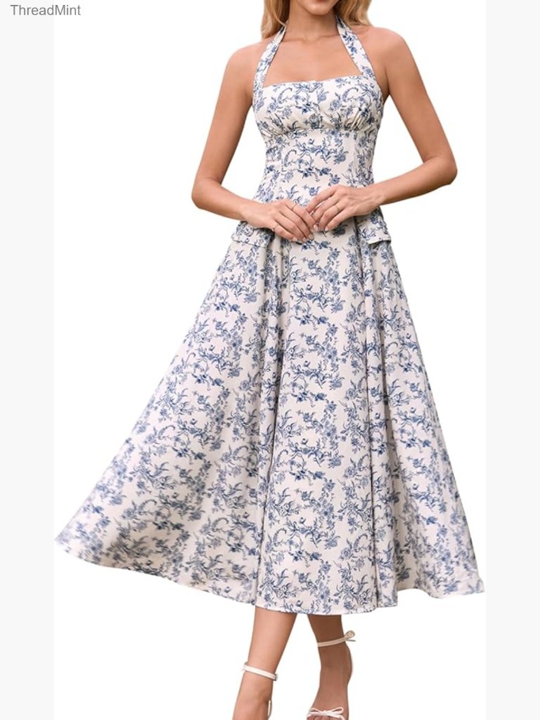 Floral Halter Corset Midi Dress Flowy A Line Bow Tea Party Sundress